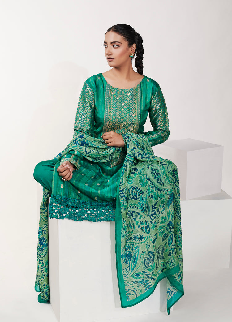 Azza Silk Jacquard Printed Suit With Printed Chinon Chiffon Dupatta available in Castleton Green