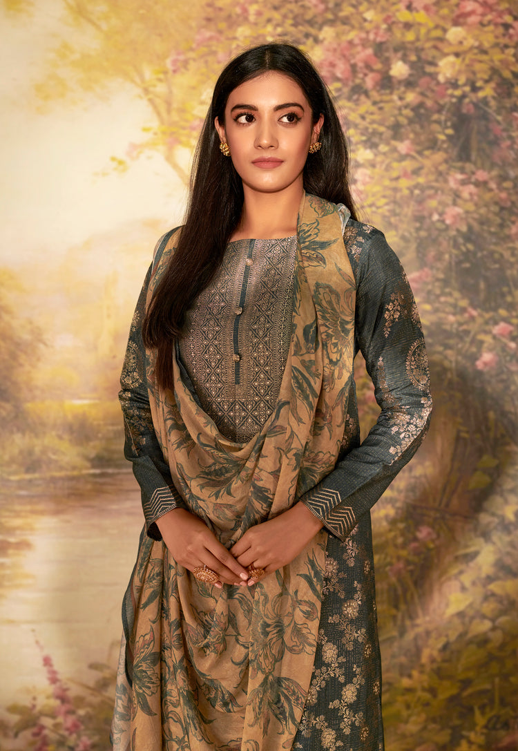 Azza Silk Printed Suit With Printed Chinon Chiffon  Dupatta Available in Shadow Grey