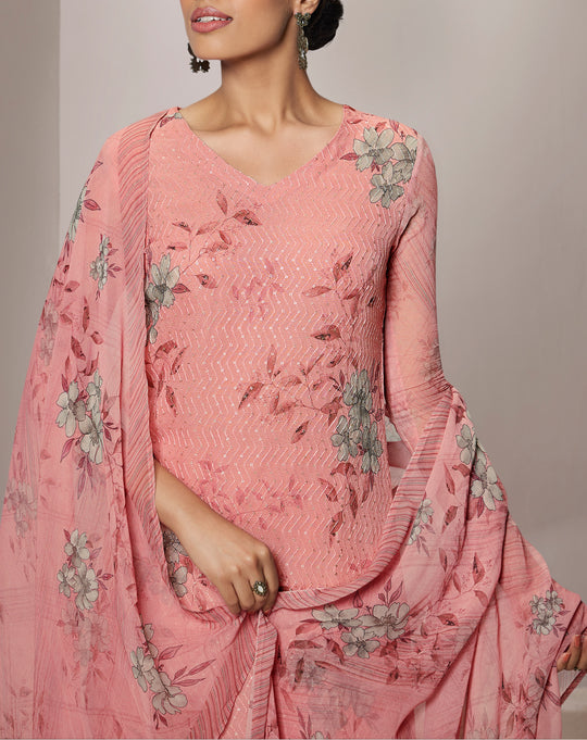 Pure Georgette Self Embroidered Suit With Printed Pure Georgette Dupatta available in Salmon Pink(Unstitched Suit)