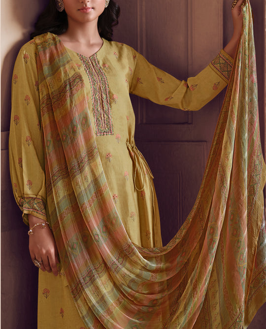 Pure Muslin Printed Suit With Printed Bemberg Chiffon Stripes  Dupatta available in Canary Yellow(Unstitched Suit)