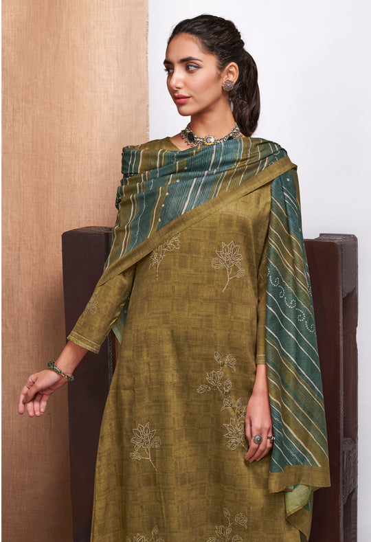 Alfi Satin Print With Handwork Suit With Printed Maya Muslin Dupatta Available in Tortilla Brown