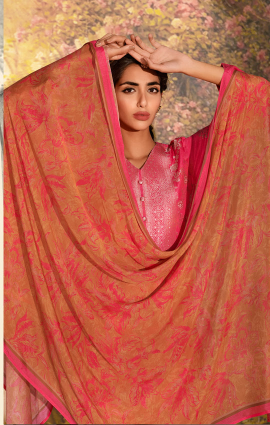 Azza Silk Printed Suit With Printed Chinon Chiffon  Dupatta Available in Cerise Pink