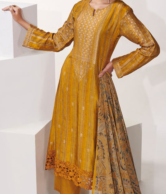 Azza Silk Jacquard Printed Suit With Printed Chinon Chiffon Dupatta available in Chrome Yellow