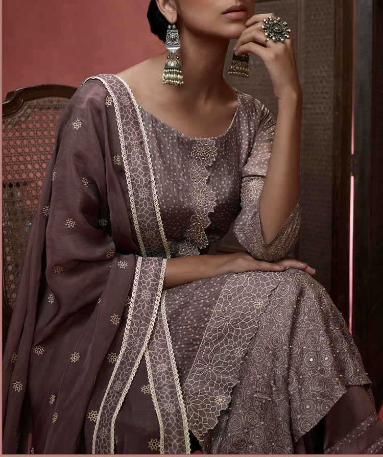 Muslin Silk Embroidered Suit With Embroidered Organza Dupatta Available in Purple