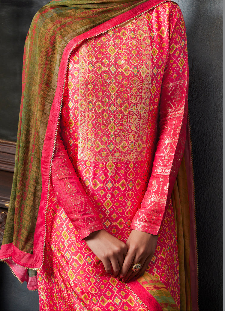 Azza silk jacquard printed Suit With Printed chinnon chiffon Dupatta available in Rose Pink(Unstitched Suit)