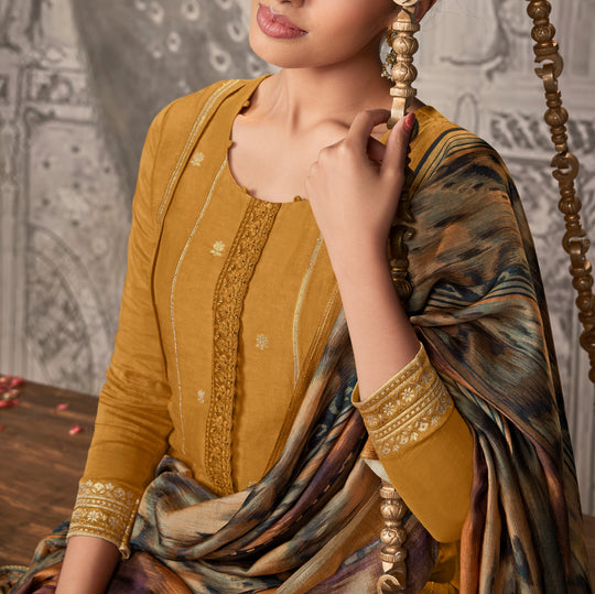 Silk linen jacquard Suit With Printed Silkina Dupatta available in Yellow(Unstitched Suit)