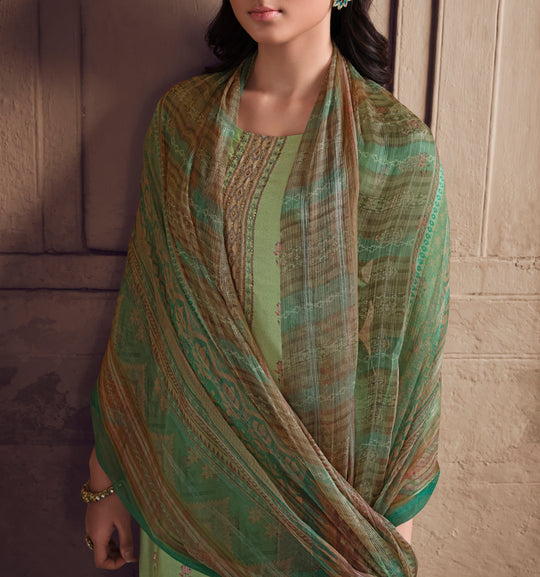 Pure Muslin Printed Suit With Printed Bemberg Chiffon Stripes  Dupatta available in Mint Green(Unstitched Suit)