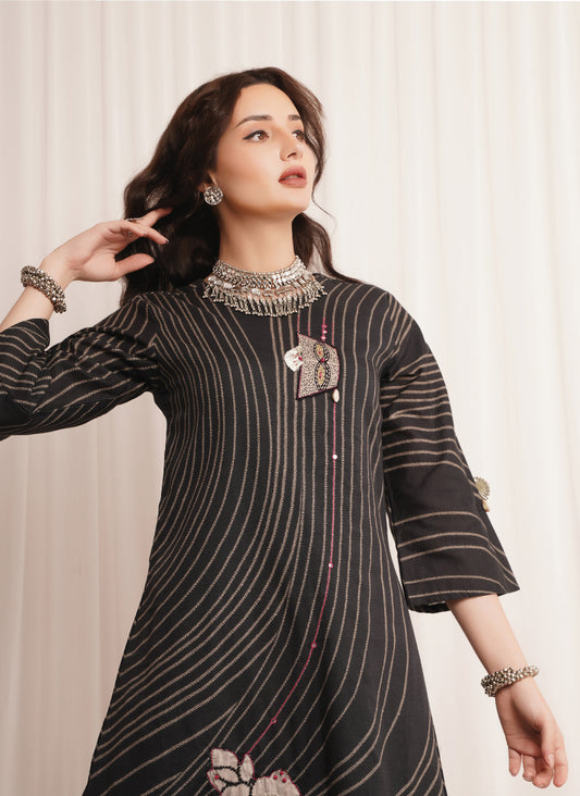 Linen Cotton Print With Handwork Suit With Printed Bemberg Chiffon Dupatta Available in Black