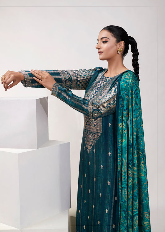 Azza Silk Jacquard Printed Suit With Printed Chinon Chiffon Dupatta available in Aegean Blue