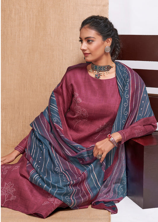 Alfi Satin Print With Handwork Suit With Printed Maya Muslin Dupatta Available in Burgundy