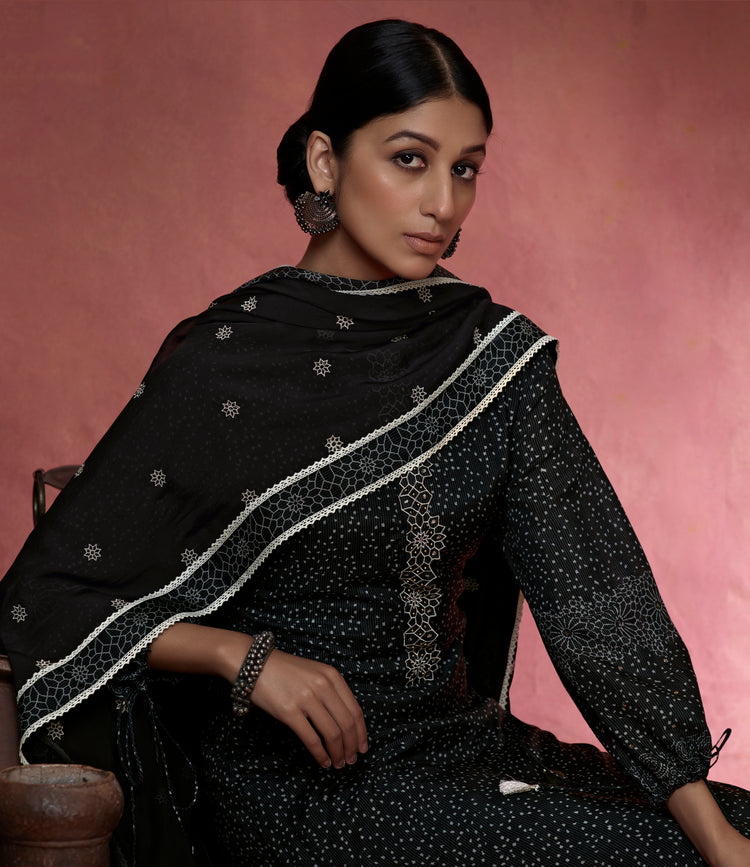 Muslin Silk Embroidered Suit With Embroidered Organza Dupatta Available in Black