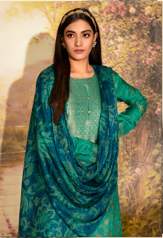 Azza Silk Printed Suit With Printed Chinon Chiffon  Dupatta Available in Teal Blue