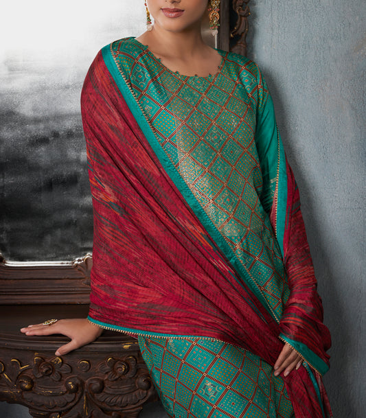 Azza silk jacquard printed Suit With Printed chinnon chiffon Dupatta available in Teal Blue(Unstitched Suit)