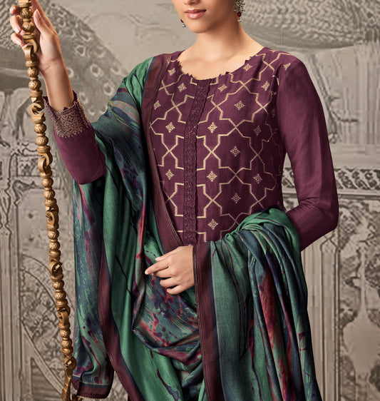 Silk linen jacquard Suit With Printed Silkina Dupatta available in Purple(Unstitched Suit)