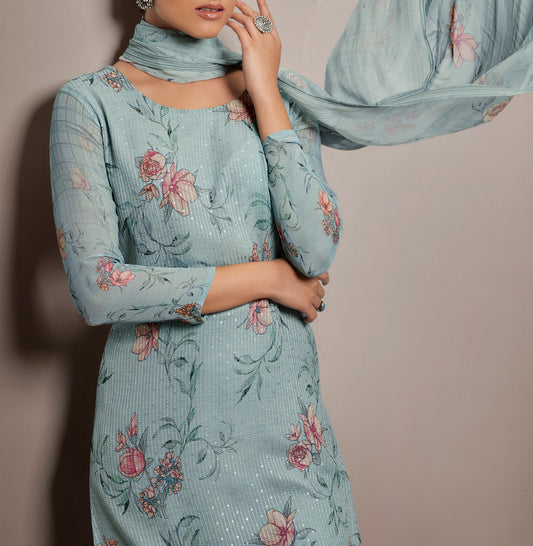 Pure Georgette Self Embroidered Suit With Printed Pure Georgette Dupatta available in Light Blue(Unstitched Suit)