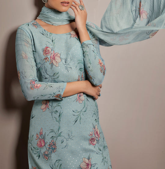 Pure Georgette Self Embroidered Suit With Printed Pure Georgette Dupatta available in Light Blue(Unstitched Suit)