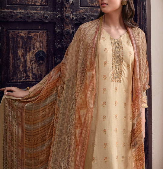 Pure Muslin Printed Suit With Printed Bemberg Chiffon Stripes  Dupatta available in Cream(Unstitched Suit)