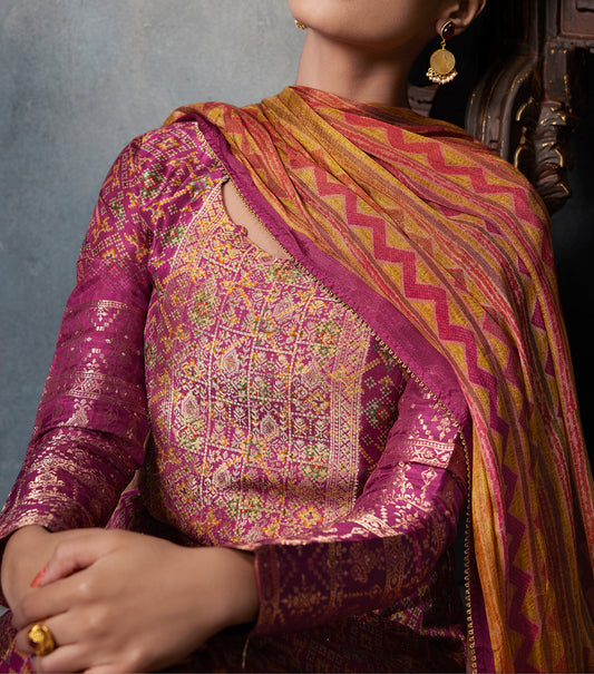 Azza silk jacquard printed Suit With Printed chinnon chiffon Dupatta available in Barbie Pink(Unstitched Suit)