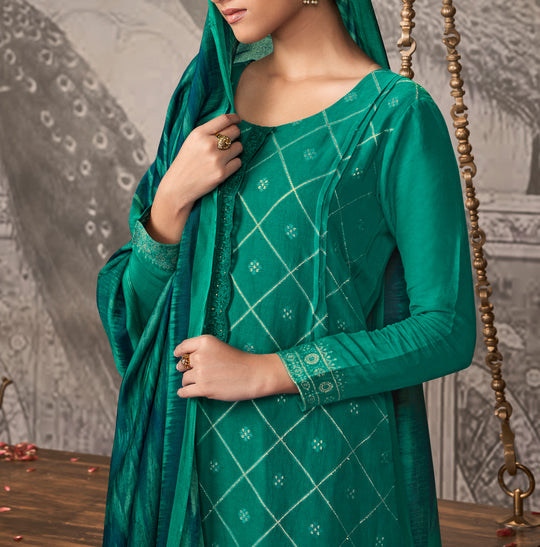 Silk linen jacquard Suit With Printed Silkina Dupatta available in Mint Green(Unstitched Suit)