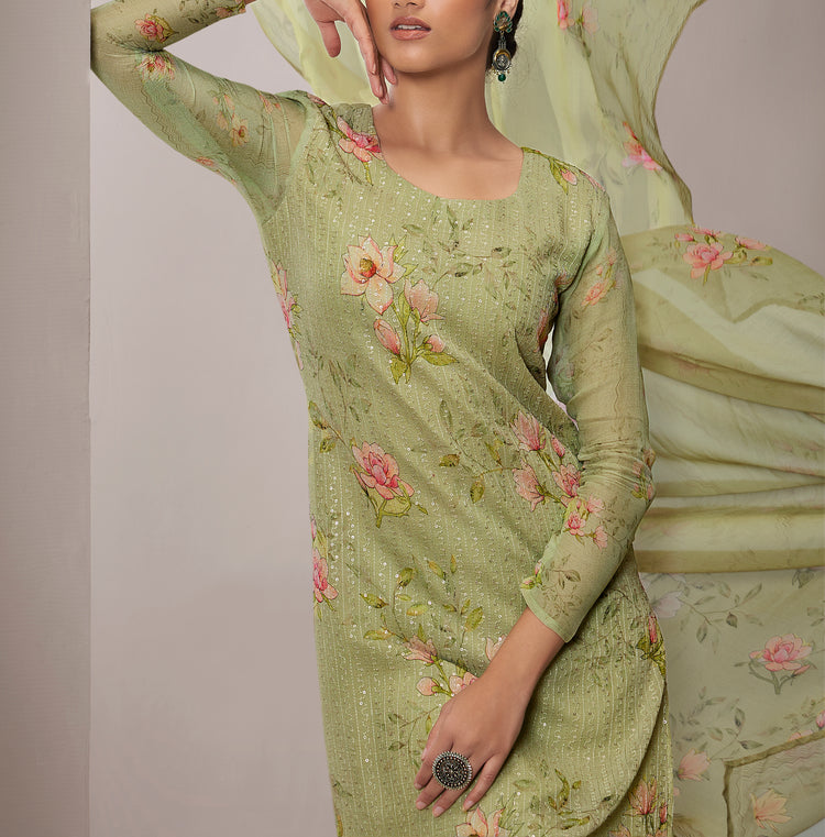 Pure Georgette Self Embroidered Suit With Printed Pure Georgette Dupatta available in Olive Green(Unstitched Suit)