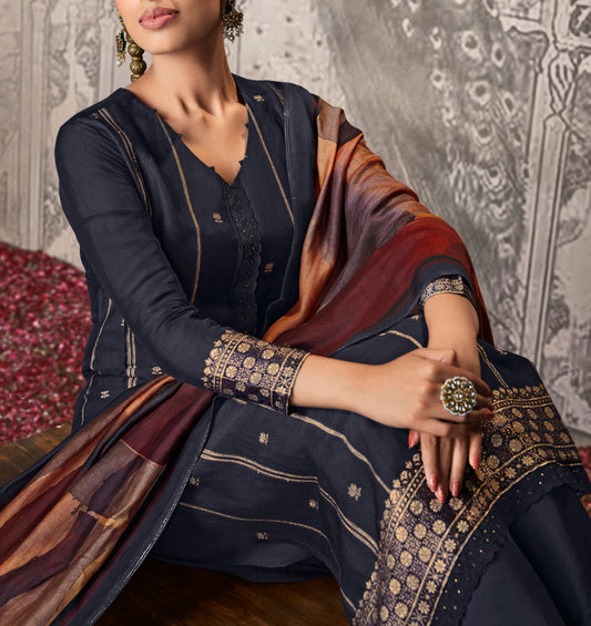 Silk linen jacquard Suit With Printed Silkina Dupatta available in Navy Blue(Unstitched Suit)