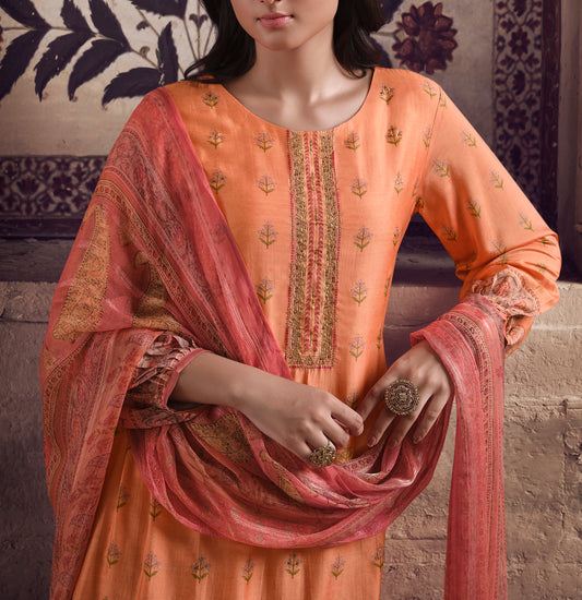 Pure Muslin Printed Suit With Printed Bemberg Chiffon Stripes  Dupatta available in Coral Peach(Unstitched Suit)