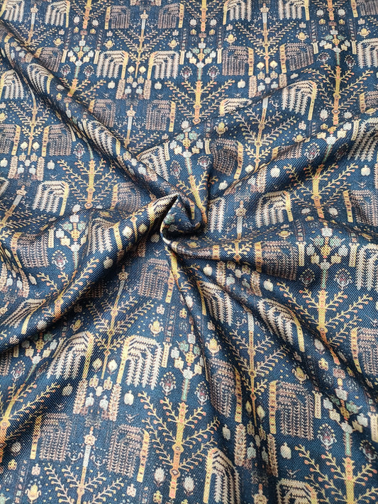 Navy Blue Patola Pattern Digital Print Pure Pashmina Fabric