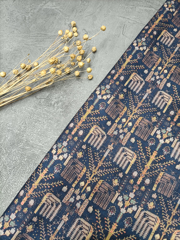 Navy Blue Patola Pattern Digital Print Pure Pashmina Fabric