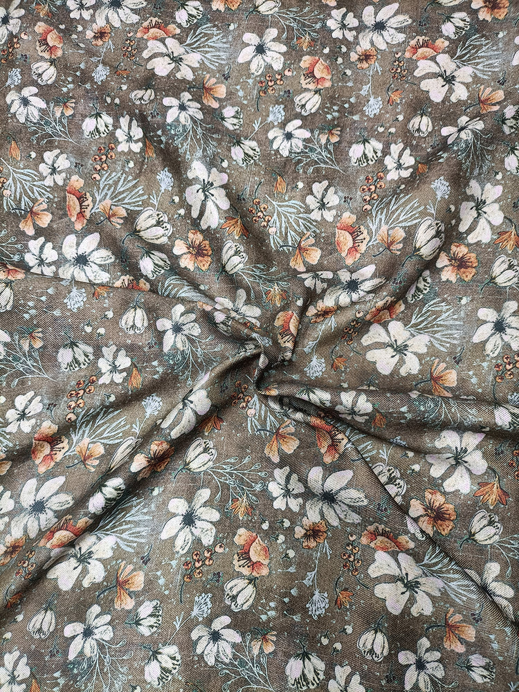 Brown Floral Pattern Digital Print Pure Pashmina Fabric