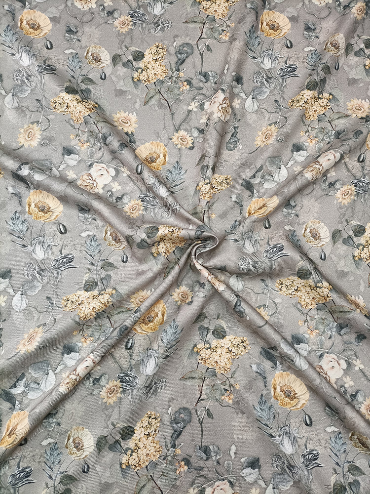 Grey Floral Pattern Digital Print Pure Pashmina Fabric