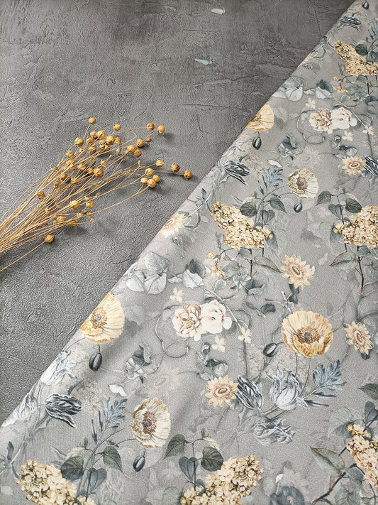 Grey Floral Pattern Digital Print Pure Pashmina Fabric