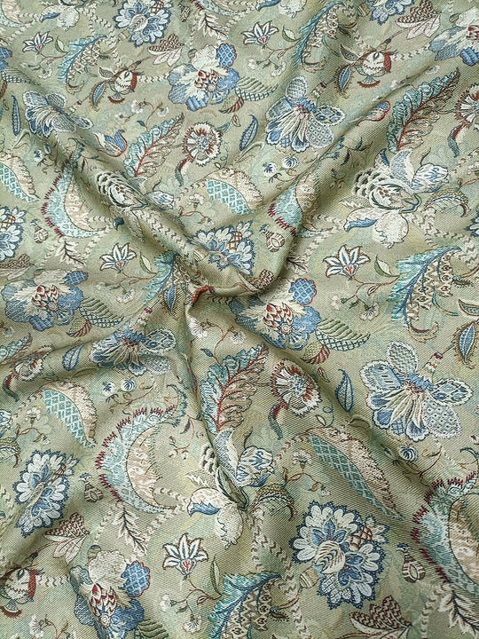 Olive Green Floral Pattern Digital Print Pure Pashmina Fabric