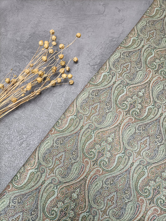 Olive Green Paisley Pattern Digital Print Pure Pashmina Fabric