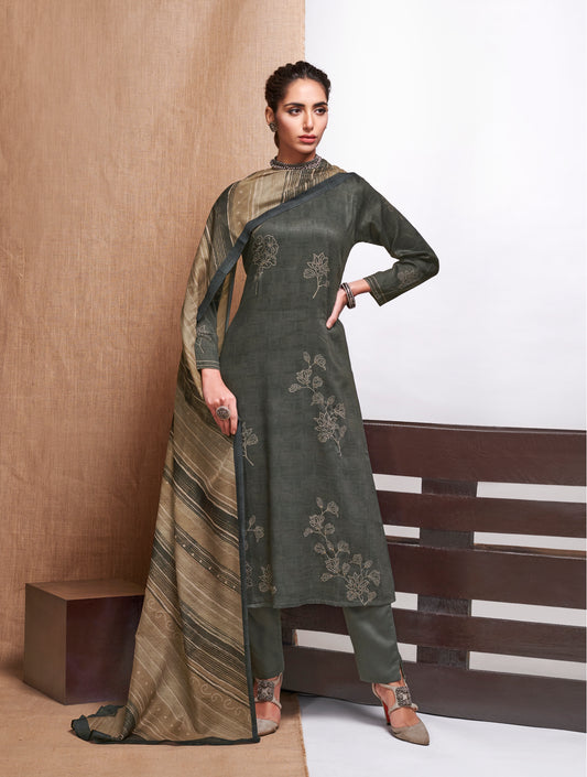 Alfi Satin Print With Handwork Suit With Printed Maya Muslin Dupatta Available in Shadow Grey