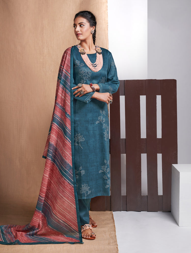 Alfi Satin Print With Handwork Suit With Printed Maya Muslin Dupatta Available in Aegean Blue