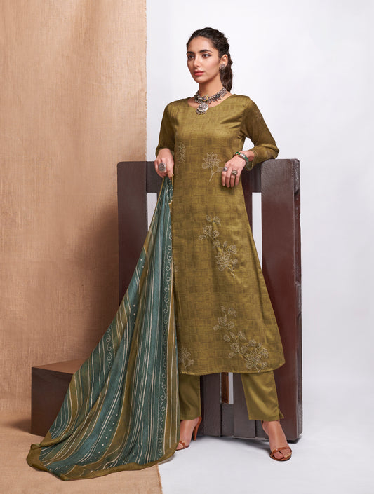 Alfi Satin Print With Handwork Suit With Printed Maya Muslin Dupatta Available in Tortilla Brown