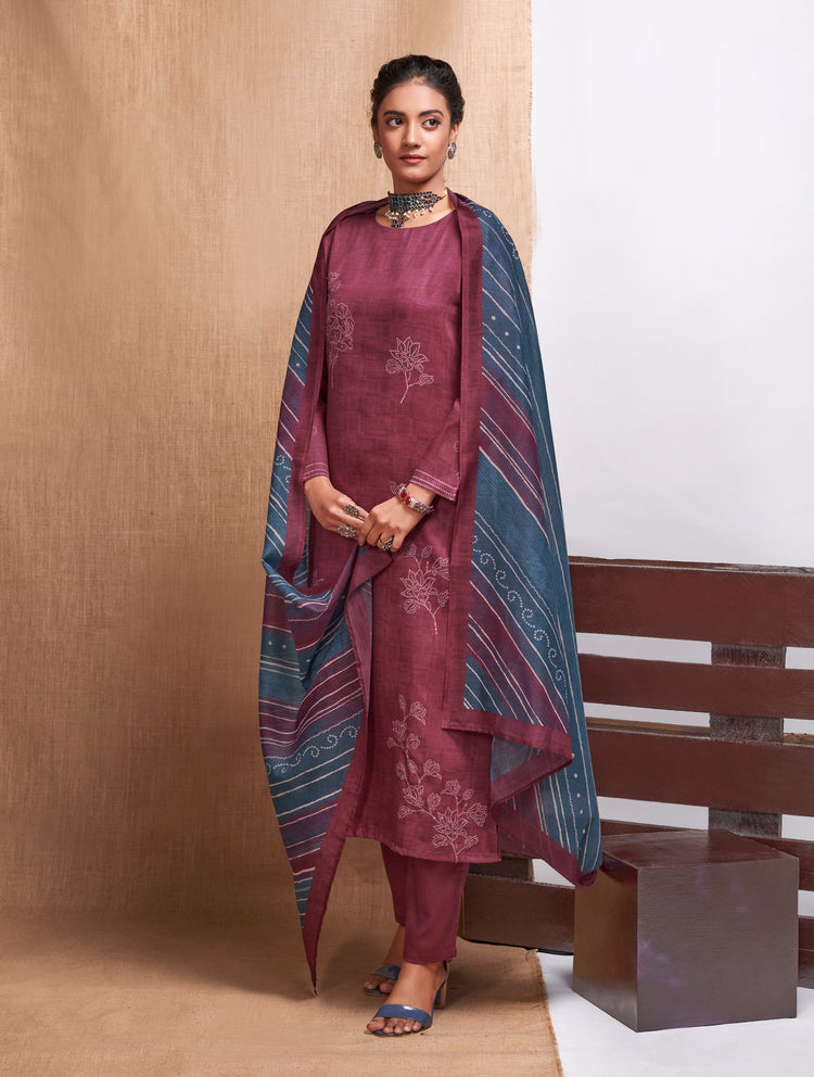 Alfi Satin Print With Handwork Suit With Printed Maya Muslin Dupatta Available in Burgundy