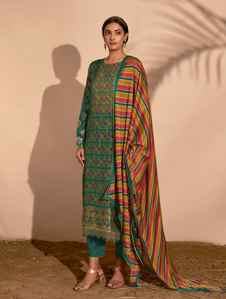 Azza Silk Jacquard Printed Suit With Printed Chinon Chiffon Dupatta available in Castleton Green