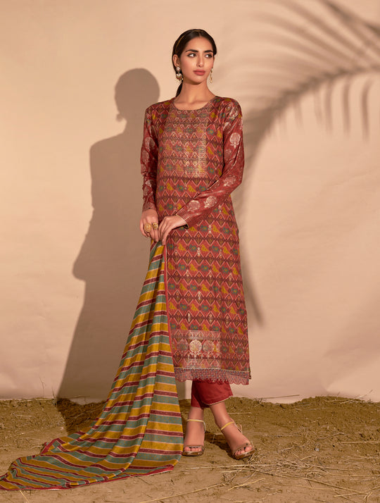 Azza Silk Jacquard Printed Suit With Printed Chinon Chiffon Dupatta available in Brick