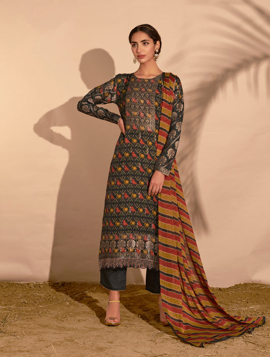 Azza Silk Jacquard Printed Suit With Printed Chinon Chiffon Dupatta available in Black