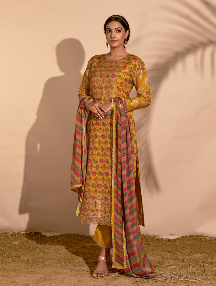 Azza Silk Jacquard Printed Suit With Printed Chinon Chiffon Dupatta available in Chrome Yellow