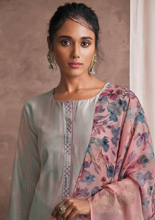 Pure Muslin Print Suit With Placket Patti With Embroidered Organza Dupatta Available in Grey