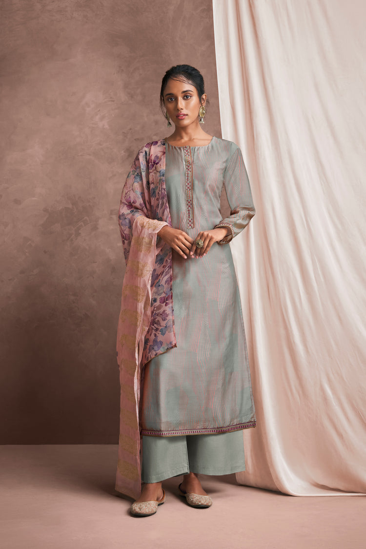 Pure Muslin Print Suit With Placket Patti With Embroidered Organza Dupatta Available in Grey