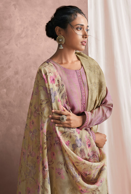 Pure Muslin Print Suit With Placket Patti With Embroidered Organza Dupatta Available in Onion Pink