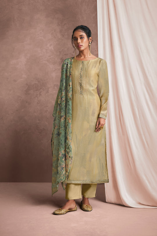 Pure Muslin Print Suit With Placket Patti With Embroidered Organza Dupatta Available in Beige