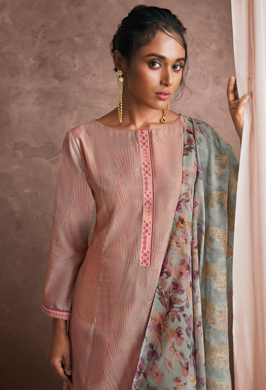 Pure Muslin Print Suit With Placket Patti With Embroidered Organza Dupatta Available in Salmon Pink