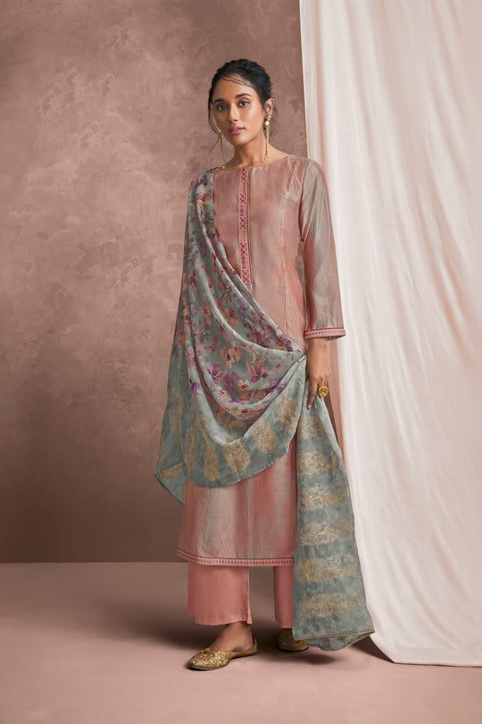 Pure Muslin Print Suit With Placket Patti With Embroidered Organza Dupatta Available in Salmon Pink