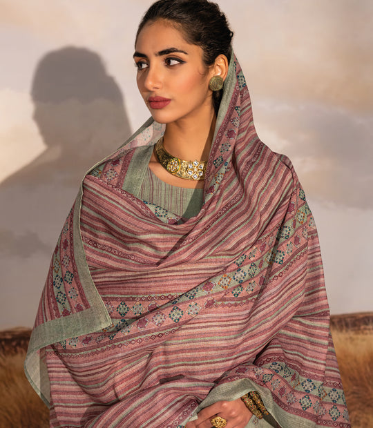 Alfi Satin Print With Handwork Suit With Prited Maya Muslin Dupatta Avaialble in Sage Green