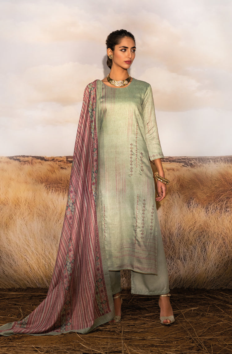 Alfi Satin Print With Handwork Suit With Prited Maya Muslin Dupatta Avaialble in Sage Green