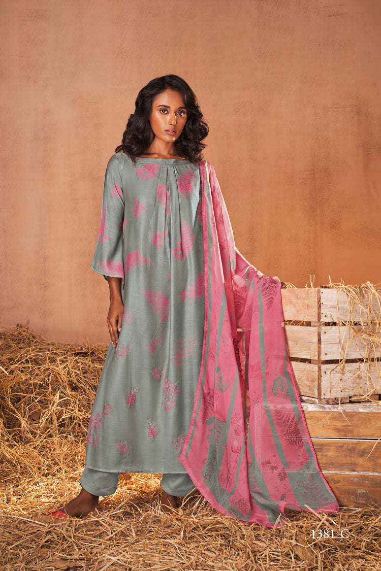 Pure Muslin Print Suit With Embroidery Handwork With Printed Organza Dupatta Available in Grey